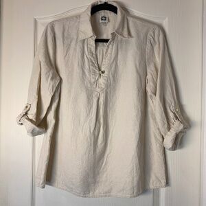 Anne Klein Linen Blend Blouse Cream Gold Thread Roll-Sleeve Elegant L Travel